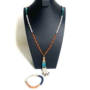 Boho Tassel Beaded Necklace & Stretch Bracelet Set Blue Coral Cream 36"L